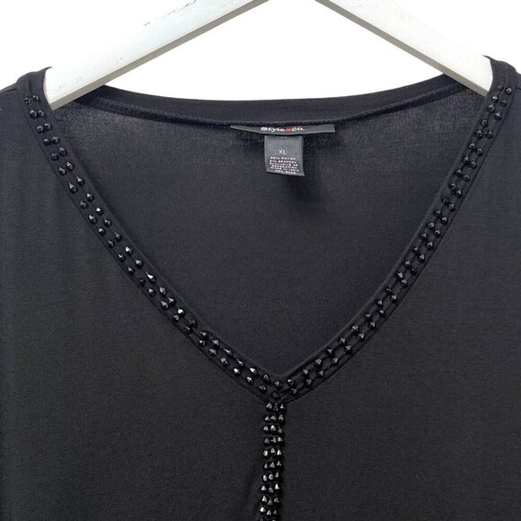 Style & Co. Womens Top Size XL Black Beaded Tunic Tee  V neck Ruffle Hem - Picture 2 of 9